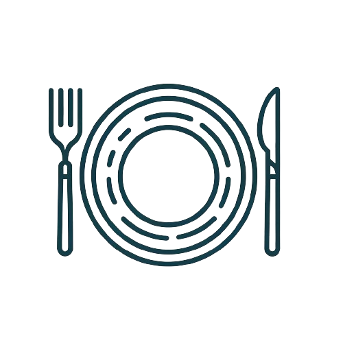 Brand logo. Plate with fork and knife