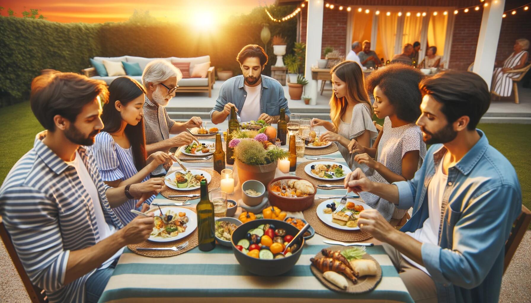 People sitting round a table in the sunset eating food