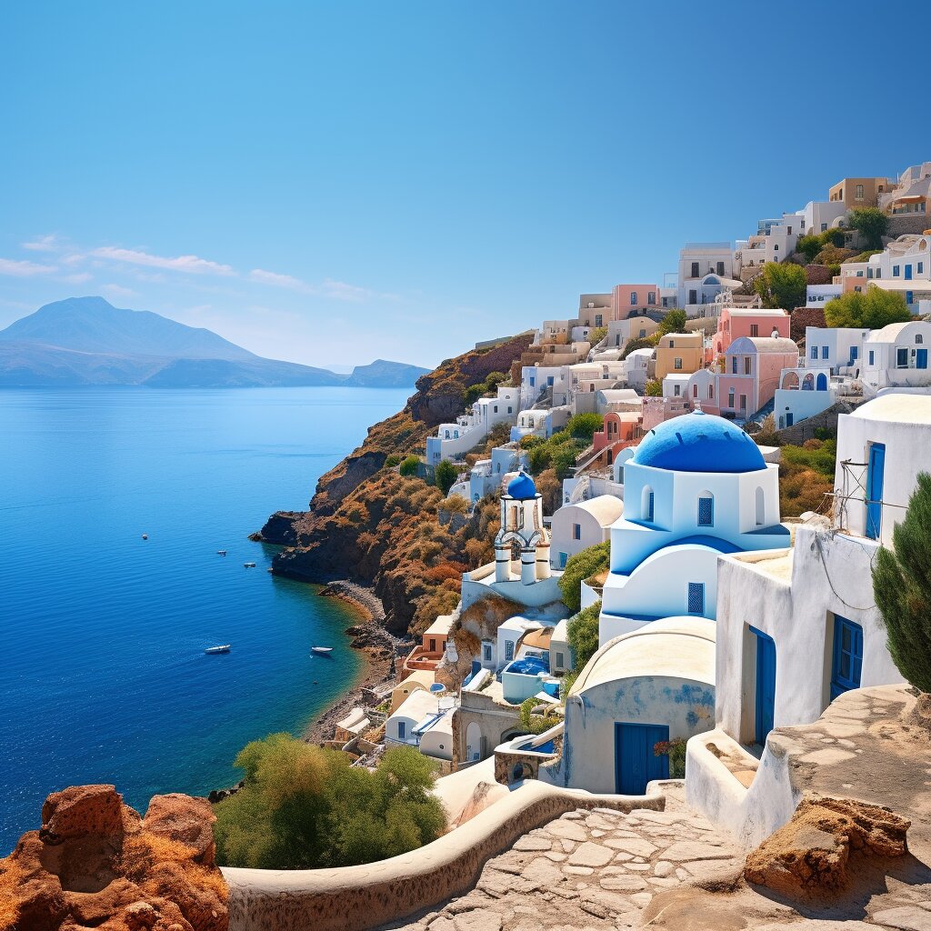 White-washed buildings perched on cliffs overlooking the azure ocean in Santorini, Greece