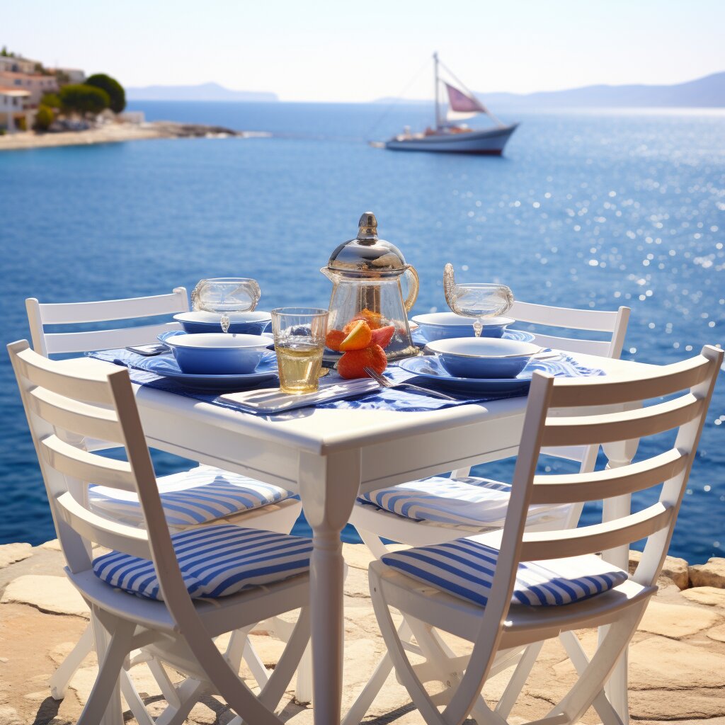 White table set with food and chairs by the coast in Greece, with a sailboat drifting in the background