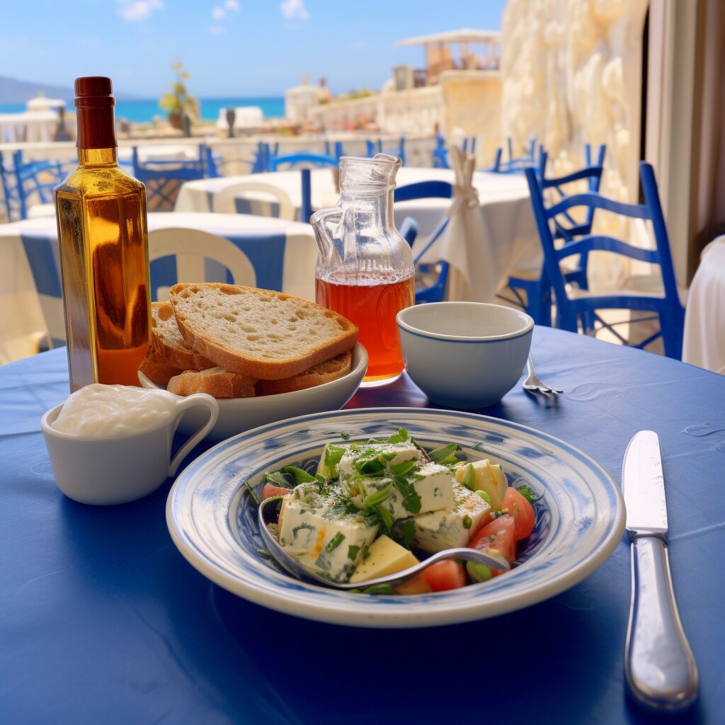 Greek salad, bread, and juice served on a table in a Greek restaurant with a predominant blue color theme