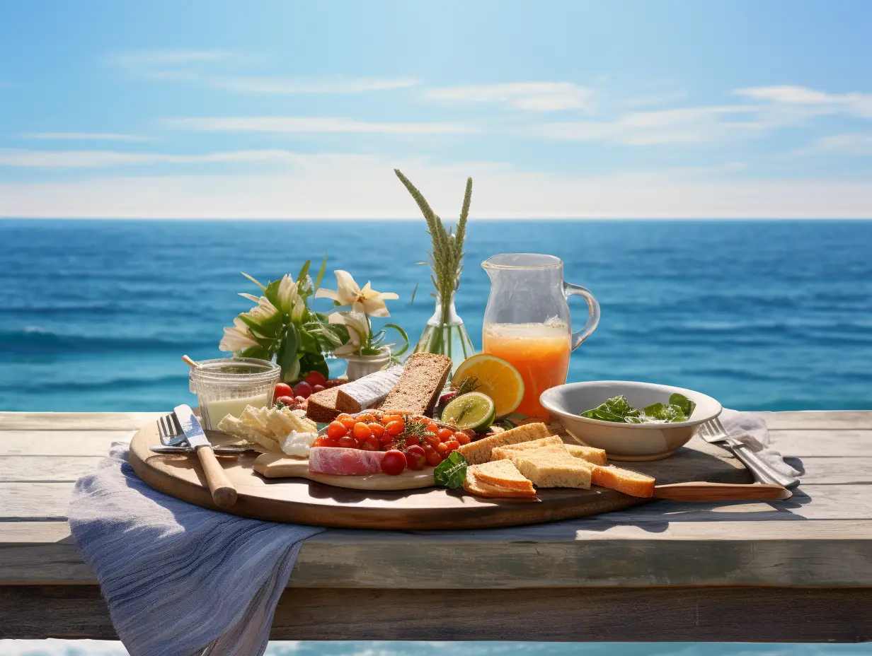 Foods and juice on a table adorned with flowers, with a scenic ocean view in the background