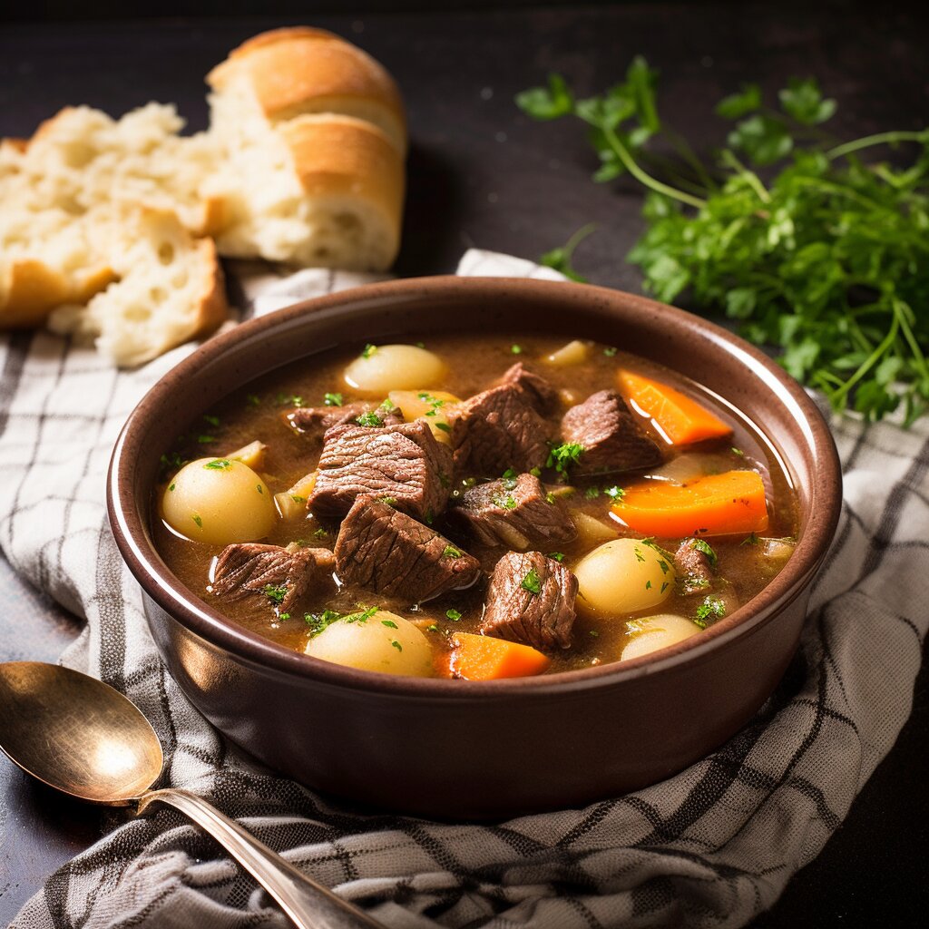 Irish stew in a brown bowl.